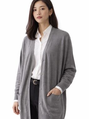 Estheme silk cardigan women's over size S button front grey/taupe cottage core